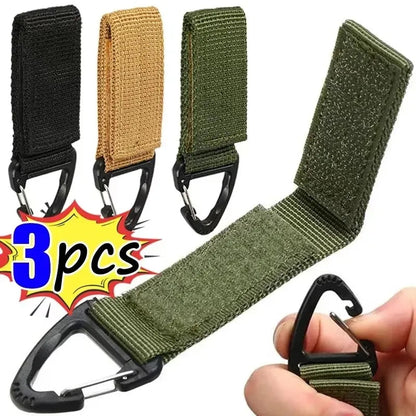 Tailwag Factory tactical MOLLE key hook clips in black, khaki, and green nylon webbing with plastic carabiners.