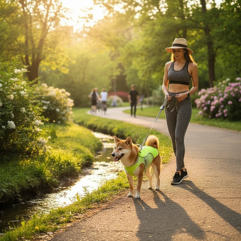 Tailwag Factory dog wearing a neon yellow evaporative cooling vest while walking with a woman in a park at sunset