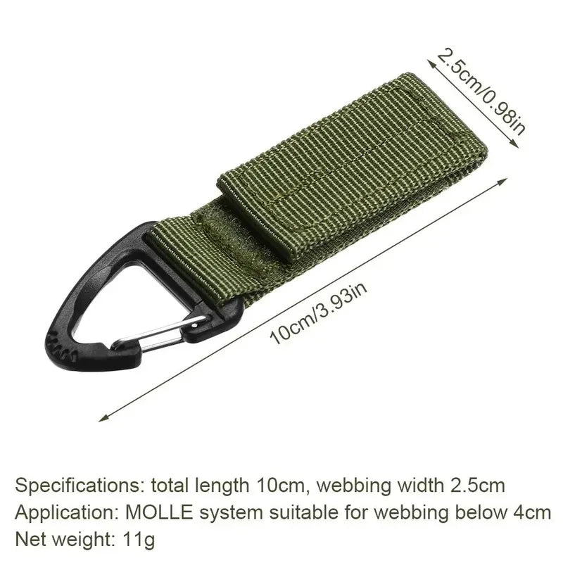Tailwag Factory green tactical MOLLE key hook clip with durable nylon webbing and a black plastic carabiner buckle.