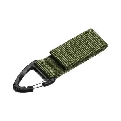 Tailwag Factory green tactical MOLLE key hook clip with heavy-duty nylon webbing and a durable black carabiner buckle.