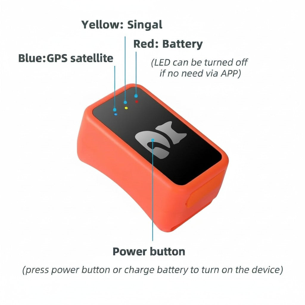 Tailwag Factory orange 4G GPS tracker for small pets with labeled LED status indicators and power button