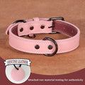 Tailwag Factory pink genuine leather dog collar with sturdy black metal hardware and a leather authenticity sample.