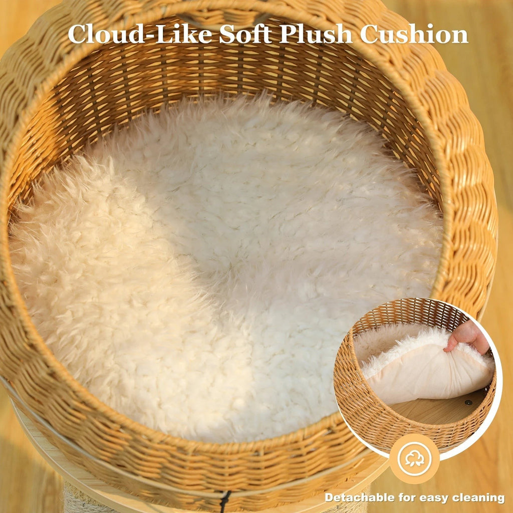 Tailwag Factory dinosaur cat tree featuring a round rattan cat bed with a removable soft white plush cushion