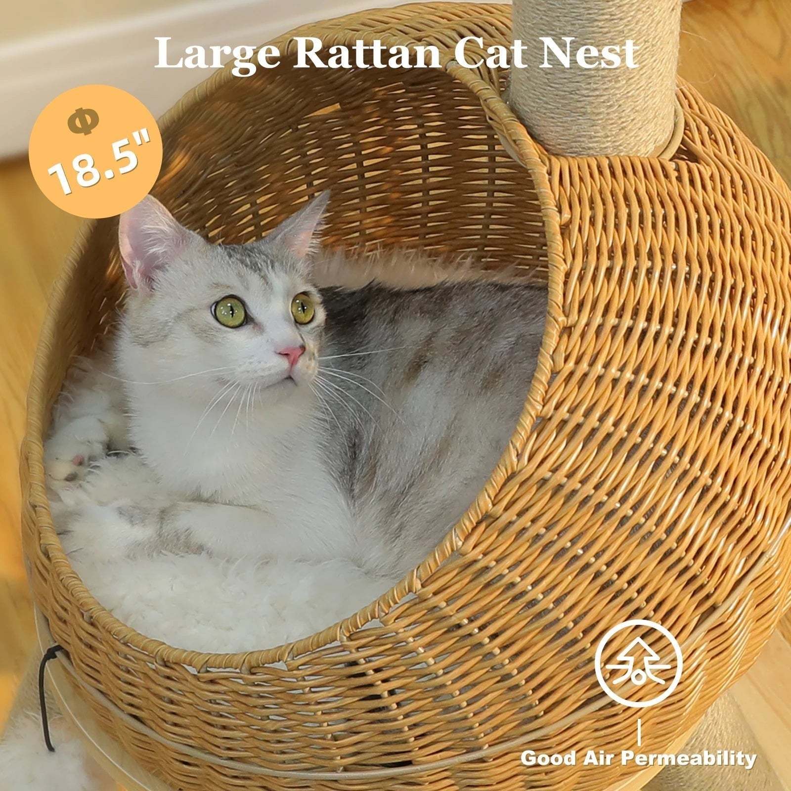 Tailwag Factory beige rattan cat nest with a fluffy white cushion and a cat resting inside, featuring sisal rope.