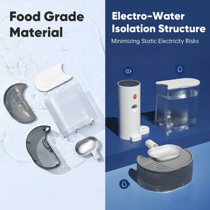 Tailwag Factory Petgravity smart water fountain components showing food-grade materials and electro-water isolation design