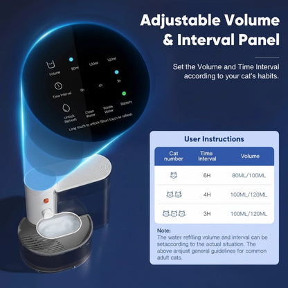 Tailwag Factory Petgravity smart water fountain LCD control panel showing adjustable volume and time interval settings