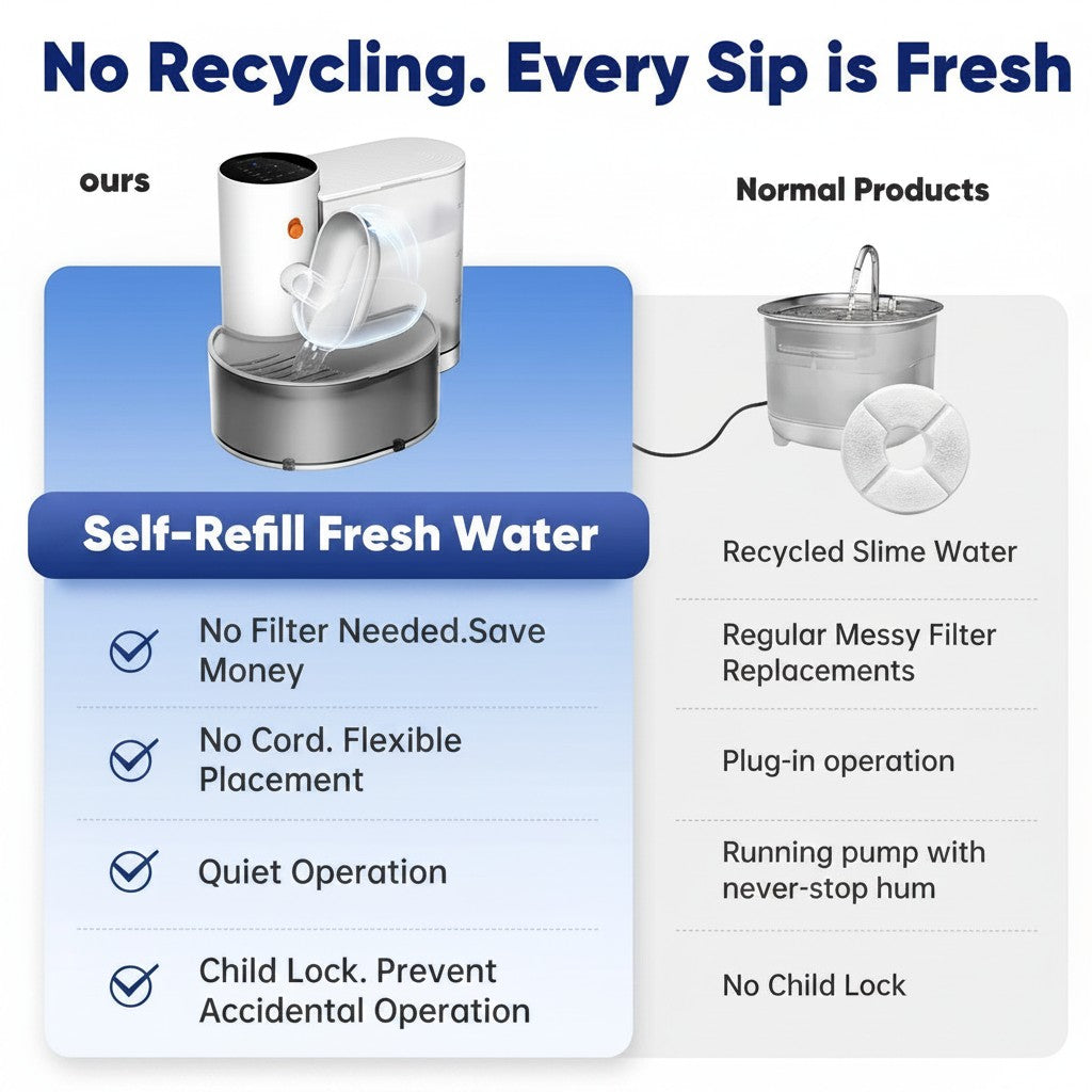 Tailwag Factory Petgravity smart stainless steel pet water fountain comparison chart showing fresh water benefits
