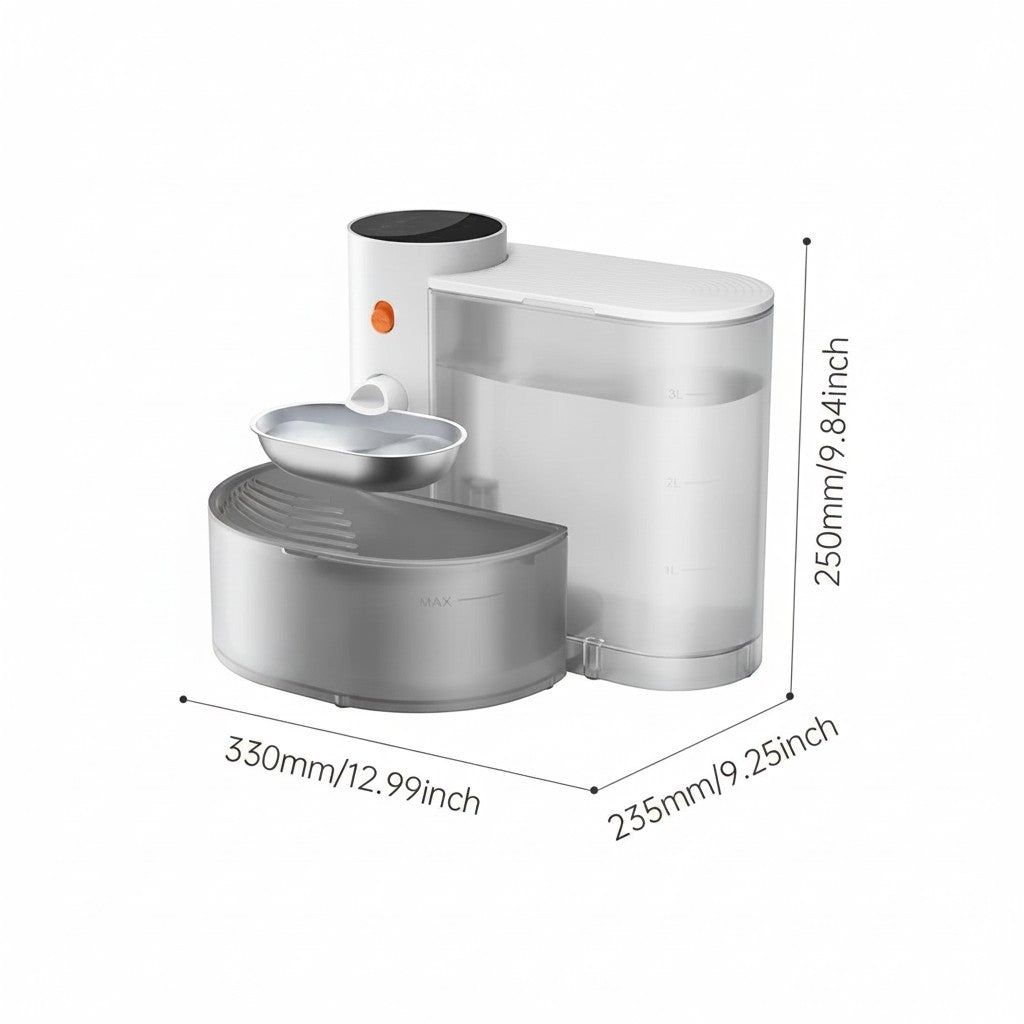 Tailwag Factory Petgravity smart WiFi pet water fountain with stainless steel bowl and 3L transparent water reservoir.