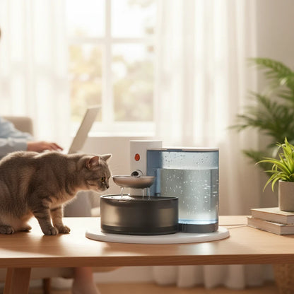 Tailwag Factory Petgravity smart stainless steel pet water fountain with LCD display on a wooden table with a cat