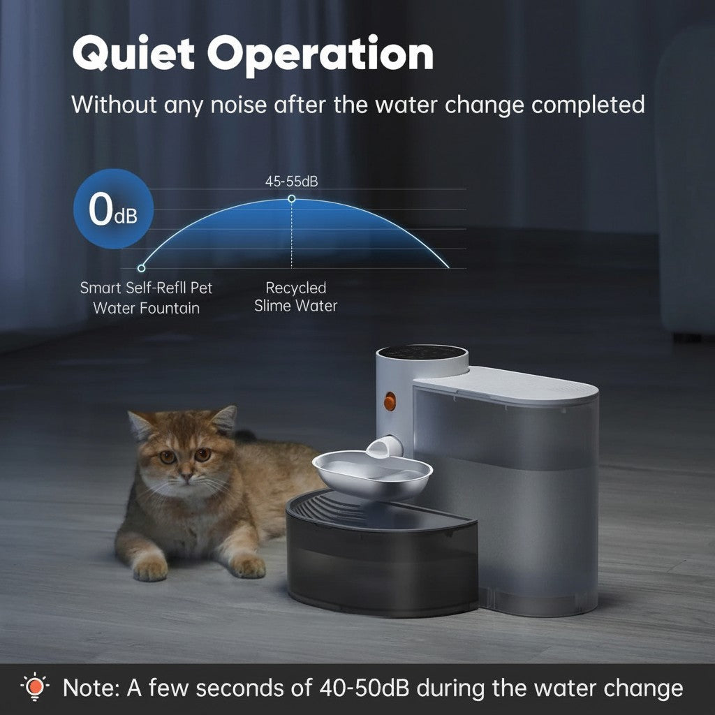 Tailwag Factory Petgravity smart stainless steel pet water fountain with a cat resting beside it