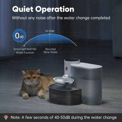Tailwag Factory Petgravity smart stainless steel pet water fountain with a cat resting beside it