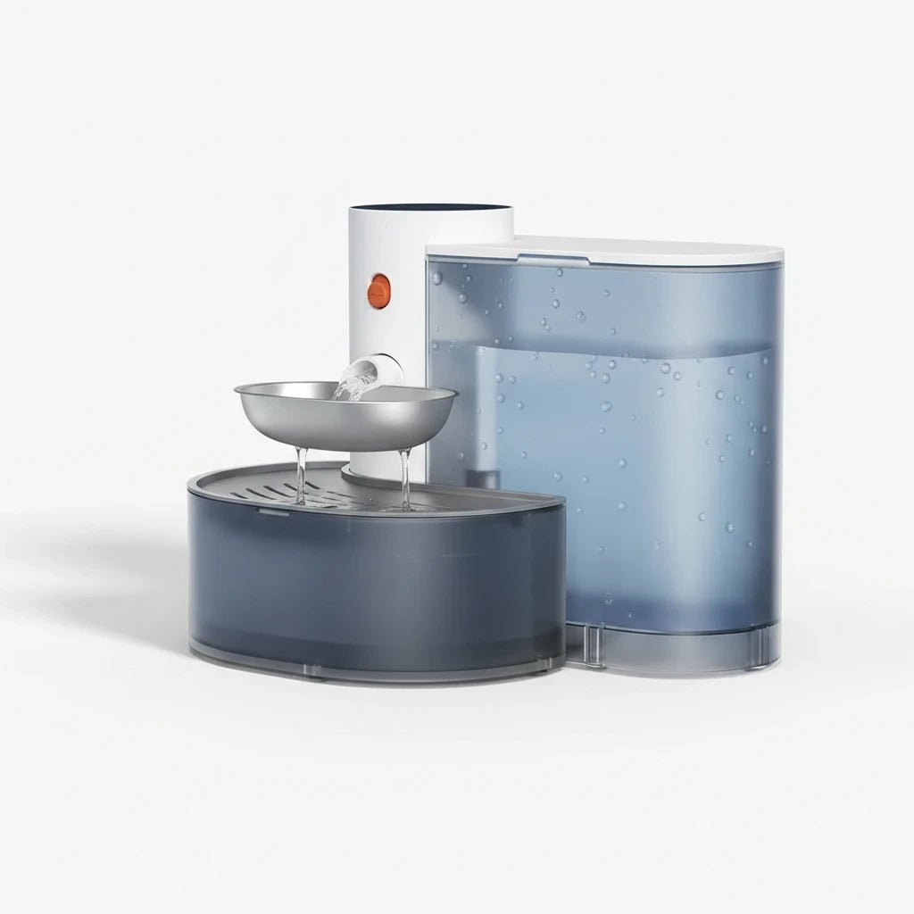 Tailwag Factory Petgravity smart WiFi pet water fountain with stainless steel bowl and 3L translucent water tank.