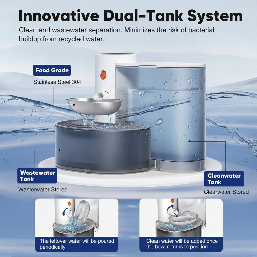 Tailwag Factory smart pet water fountain with dual-tank system, stainless steel bowl, and clean water separation.