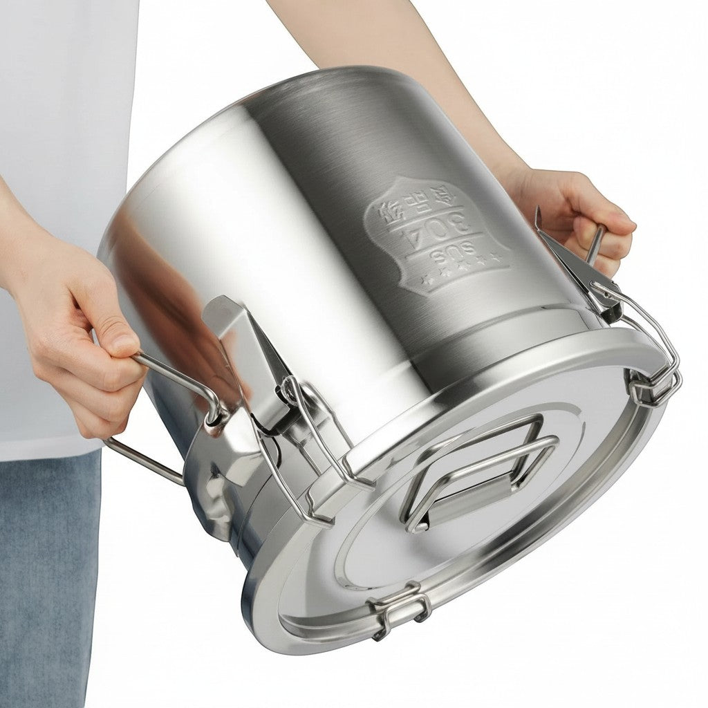 Tailwag Factory 12L airtight stainless steel storage bucket with triple-lock buckles and side handles held by a person