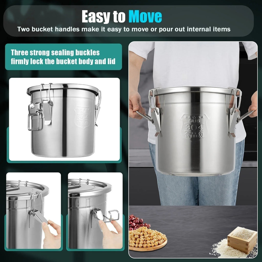 Tailwag Factory 12L stainless steel airtight storage bucket with triple-lock buckles and side handles for easy carrying