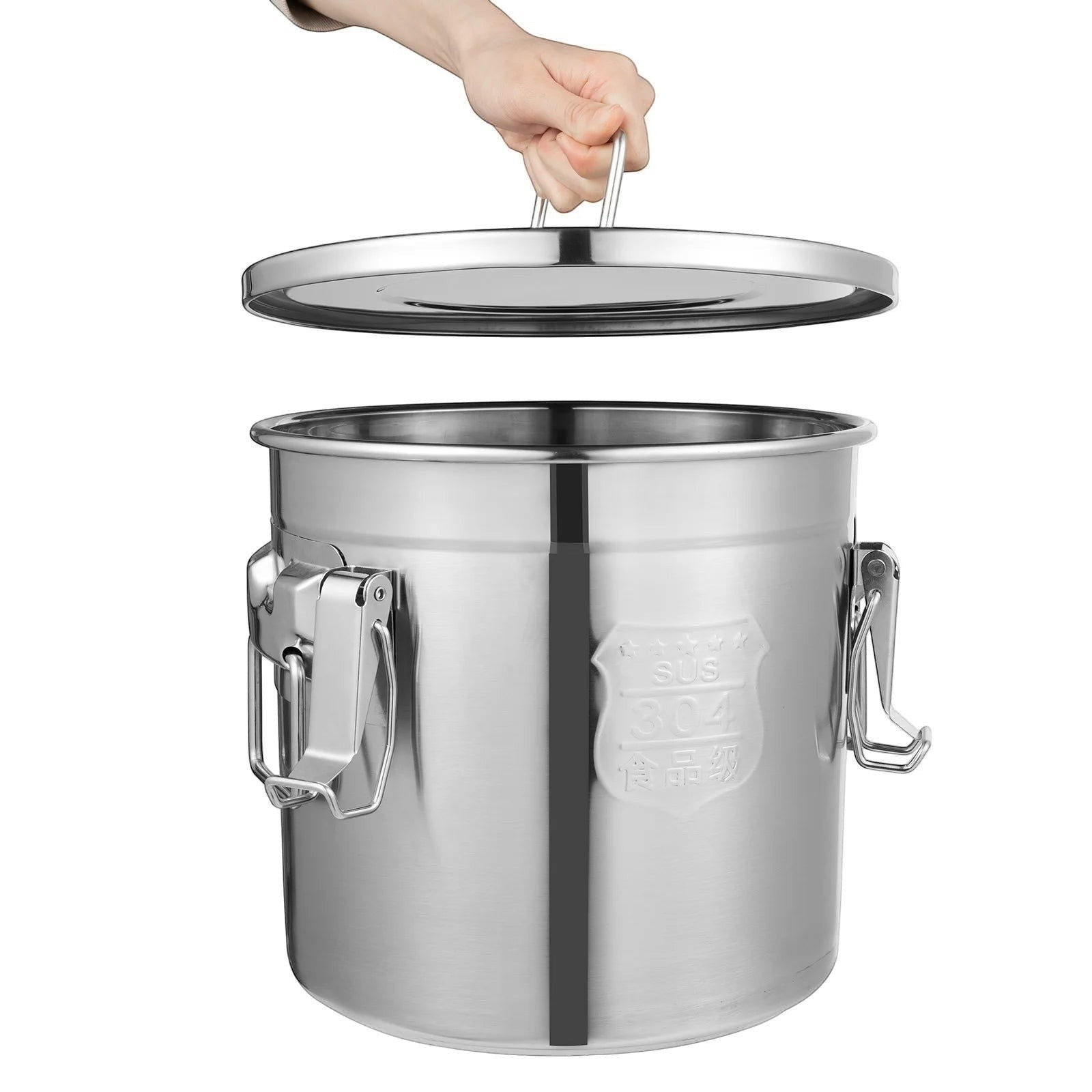 Tailwag Factory 12L stainless steel airtight storage bucket with lid being lifted by a hand, showing 304 steel stamp.