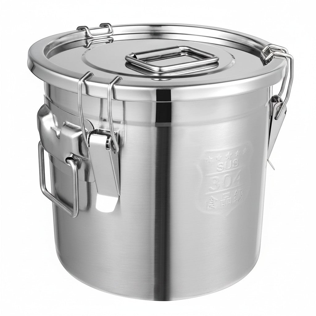 Tailwag Factory 12L airtight storage bucket made of brushed 304 stainless steel with triple-lock buckles and lid