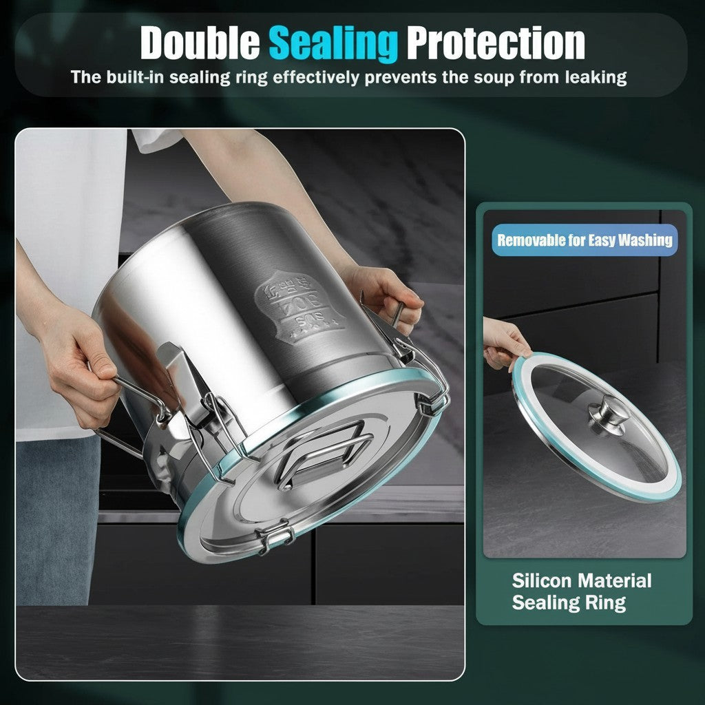 Tailwag Factory 12L stainless steel airtight storage bucket with triple-lock lid and removable silicone sealing ring.