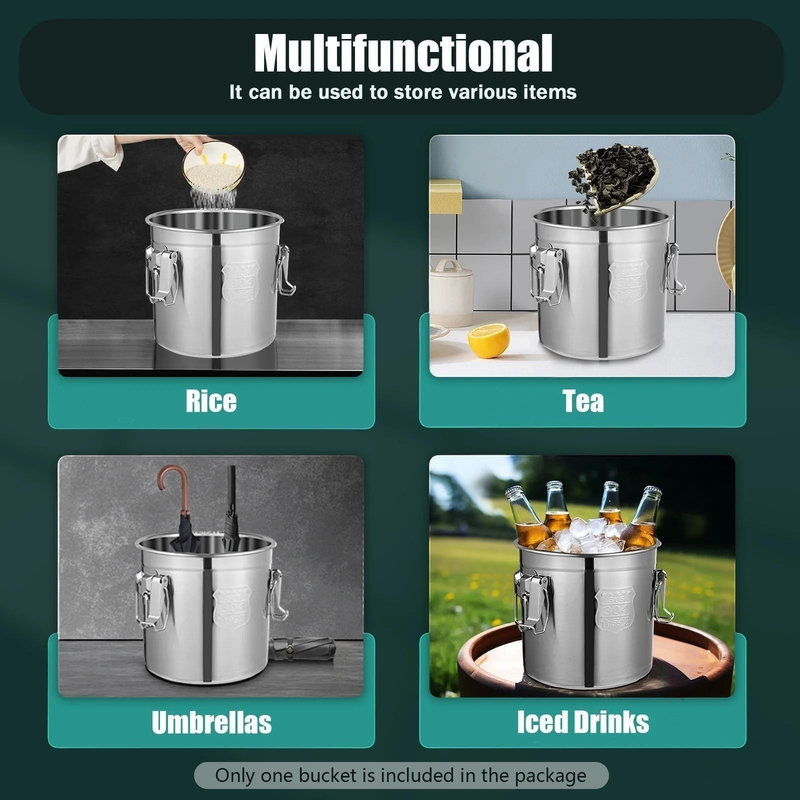 Tailwag Factory 12L stainless steel airtight bucket storing rice, tea, umbrellas, and iced drinks in four views