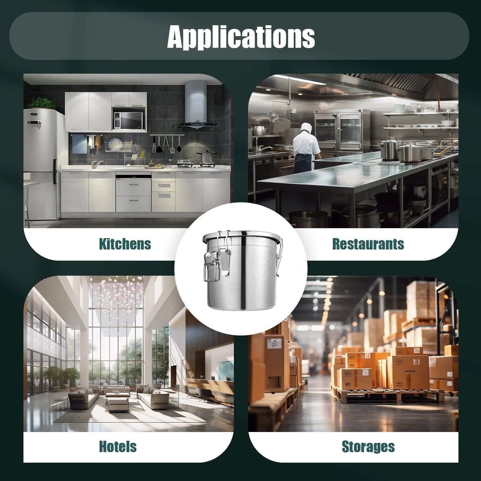 Tailwag Factory 12L stainless steel airtight storage bucket shown in kitchen, restaurant, hotel, and storage settings.