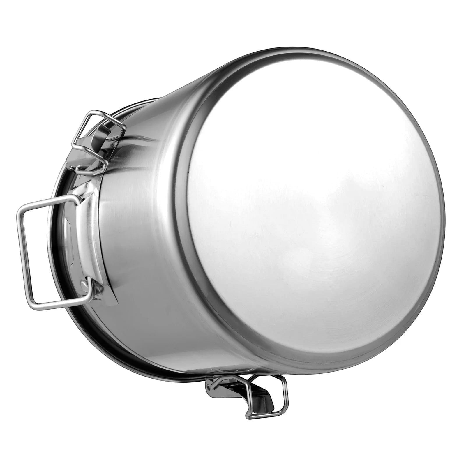 Tailwag Factory 12L stainless steel airtight storage bucket with triple-lock buckles and side handles, bottom view