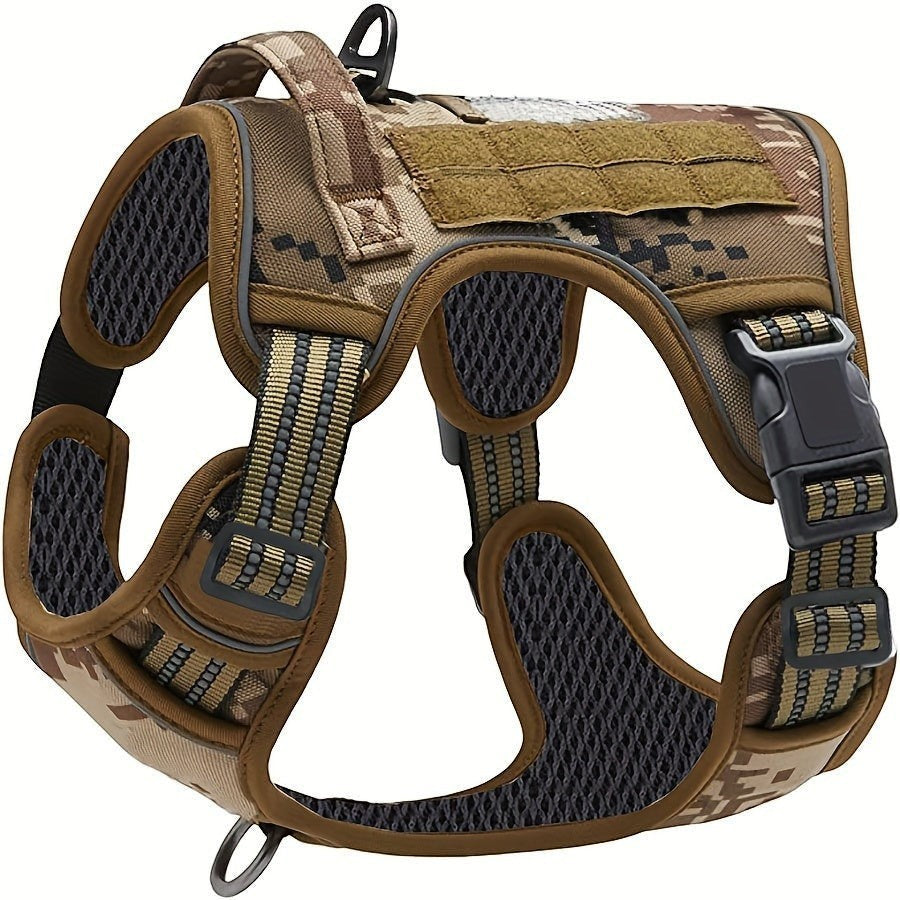 Tailwag Factory tactical dog vest harness in camouflage print with padded mesh lining, top handle, and leash attachment