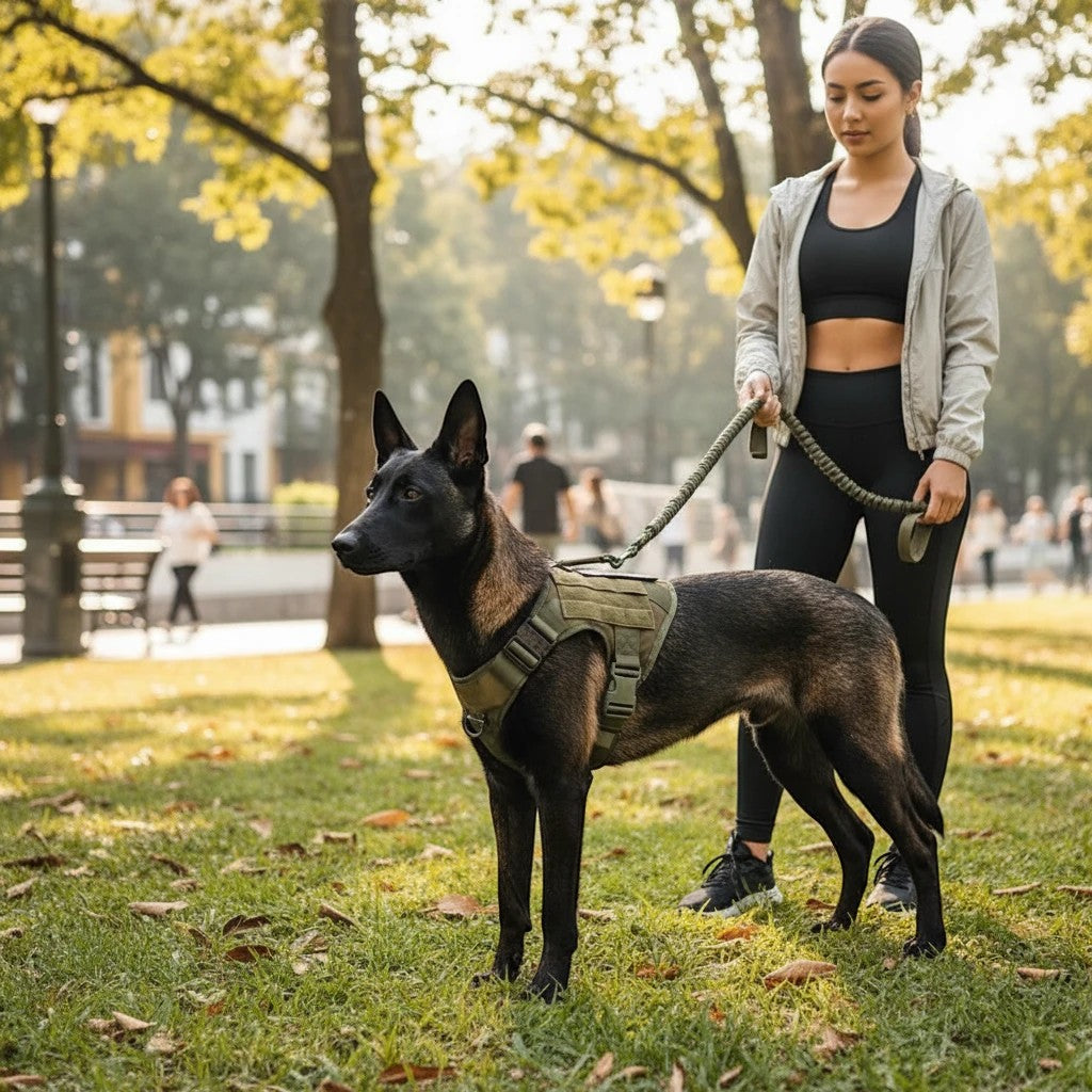 Tailwag Factory tactical dog harness and leash set in army green on a Belgian Malinois with a woman in a park.