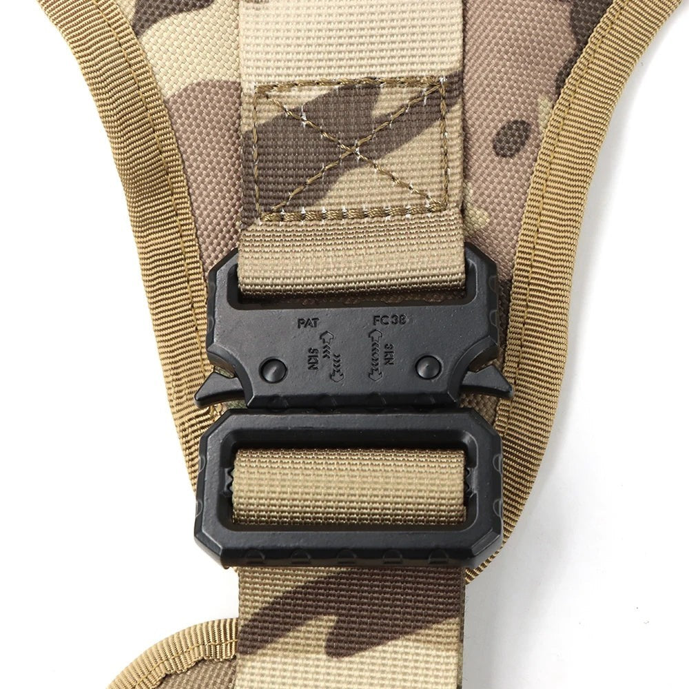 Tailwag Factory tactical dog harness featuring a durable camouflage 1050D nylon strap and a heavy-duty metal buckle