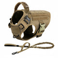 Tailwag Factory tactical dog harness and bungee leash set in dark khaki 1050D nylon with MOLLE and metal buckles