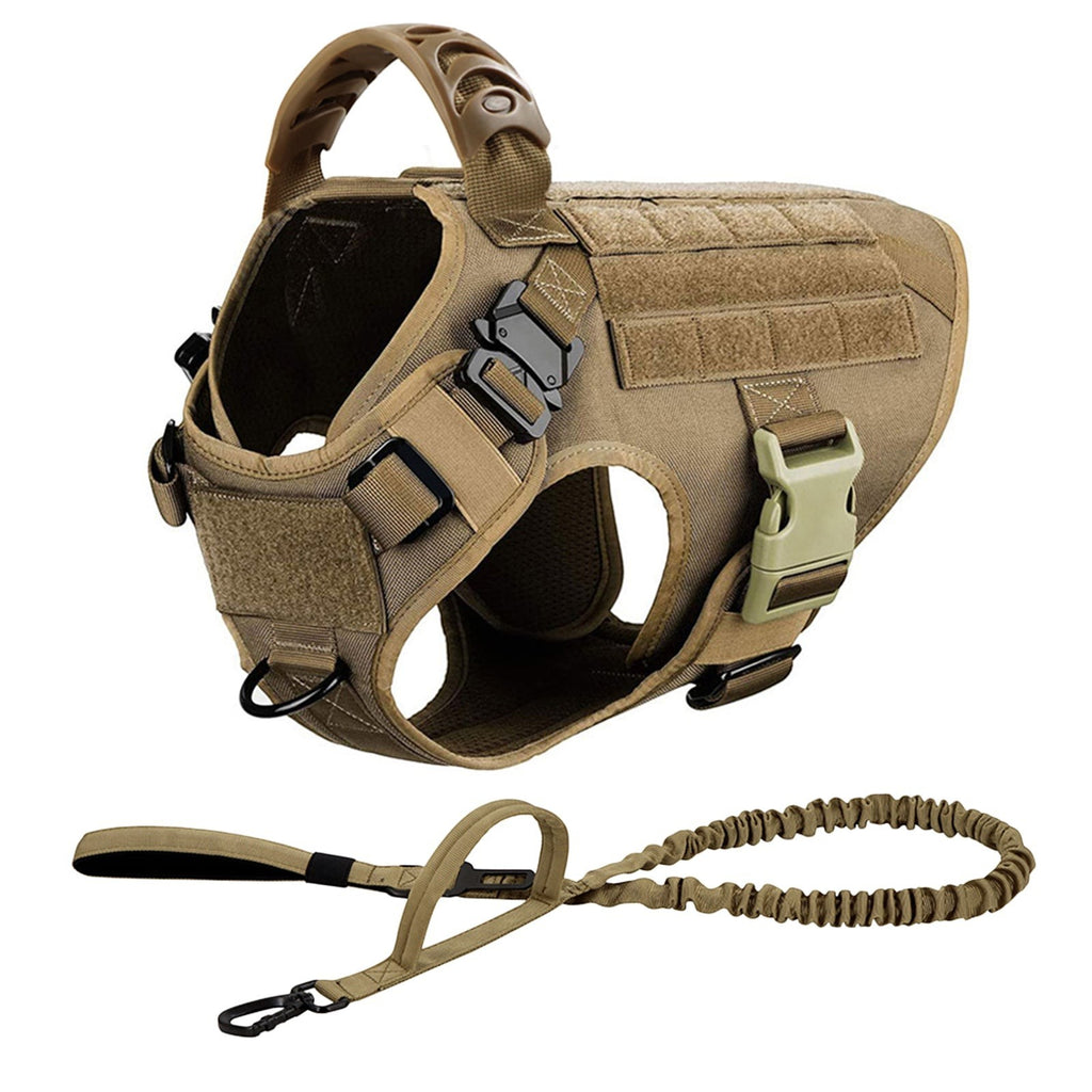 Tailwag Factory dark khaki tactical dog harness and matching leash made of 1050D nylon with MOLLE panels and metal buckles