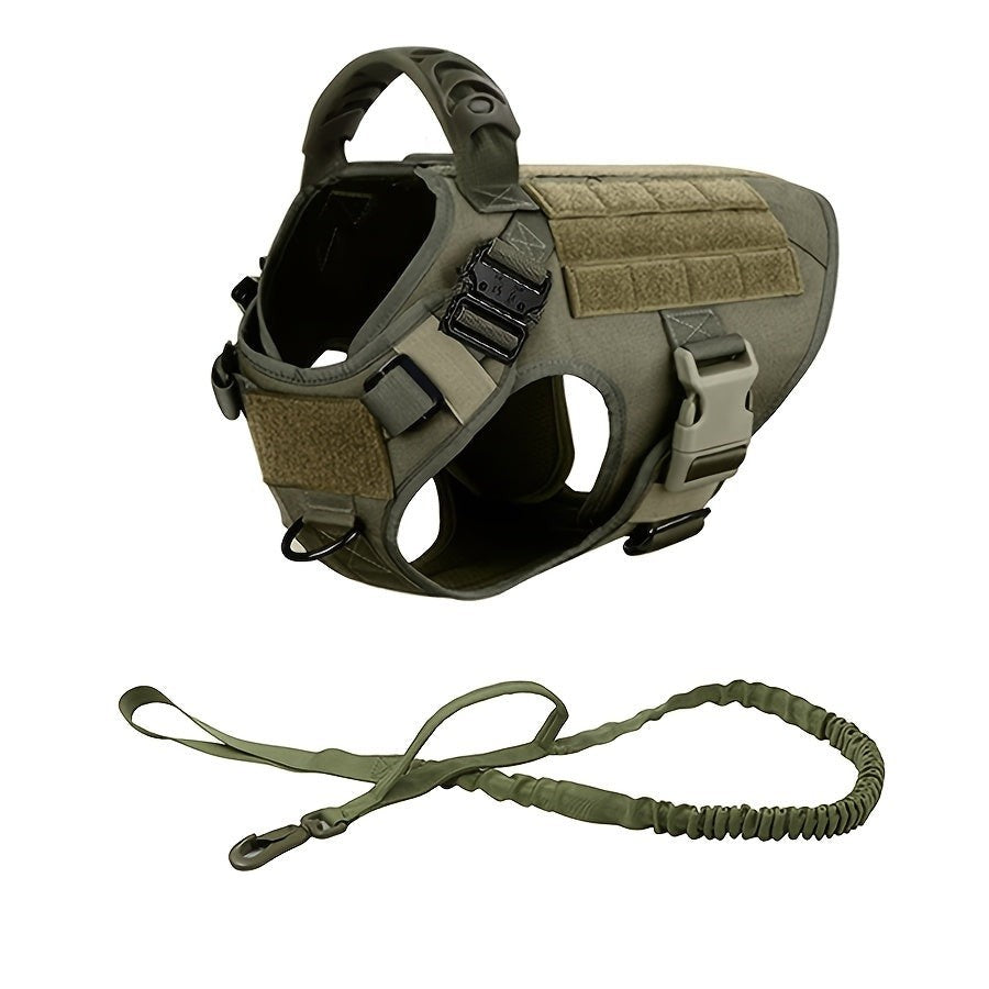 Tailwag Factory tactical dog harness and leash set in army green 1050D nylon with MOLLE panels and metal buckles.
