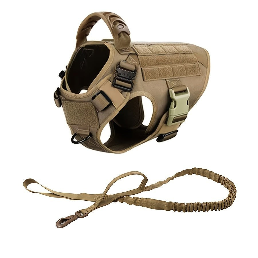 Tailwag Factory dark khaki tactical dog harness and matching bungee leash set with MOLLE panels and metal buckles