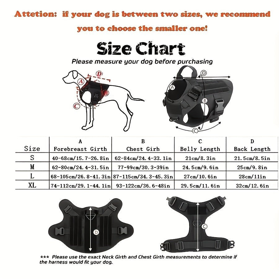 Tailwag Factory tactical dog harness size chart showing measurement points and dimensions for S, M, L, and XL sizes.