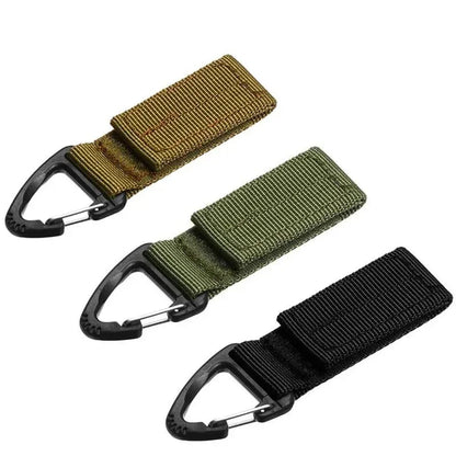 Tailwag Factory tactical MOLLE key hook clips in black, khaki, and green nylon webbing with spring carabiners.