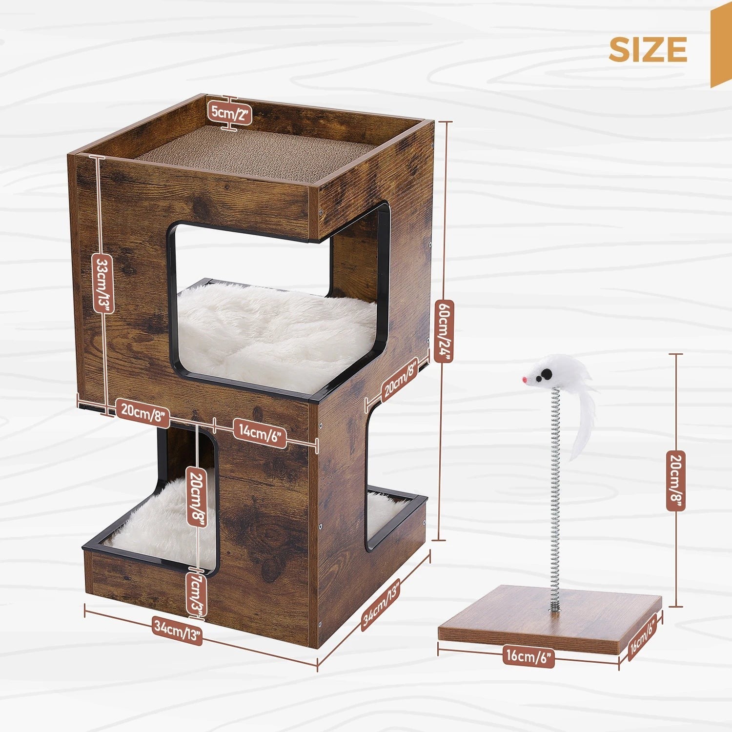 Tailwag Factory modern wood cat condo with two levels, plush white cushions, and a separate spring-mounted mouse toy.