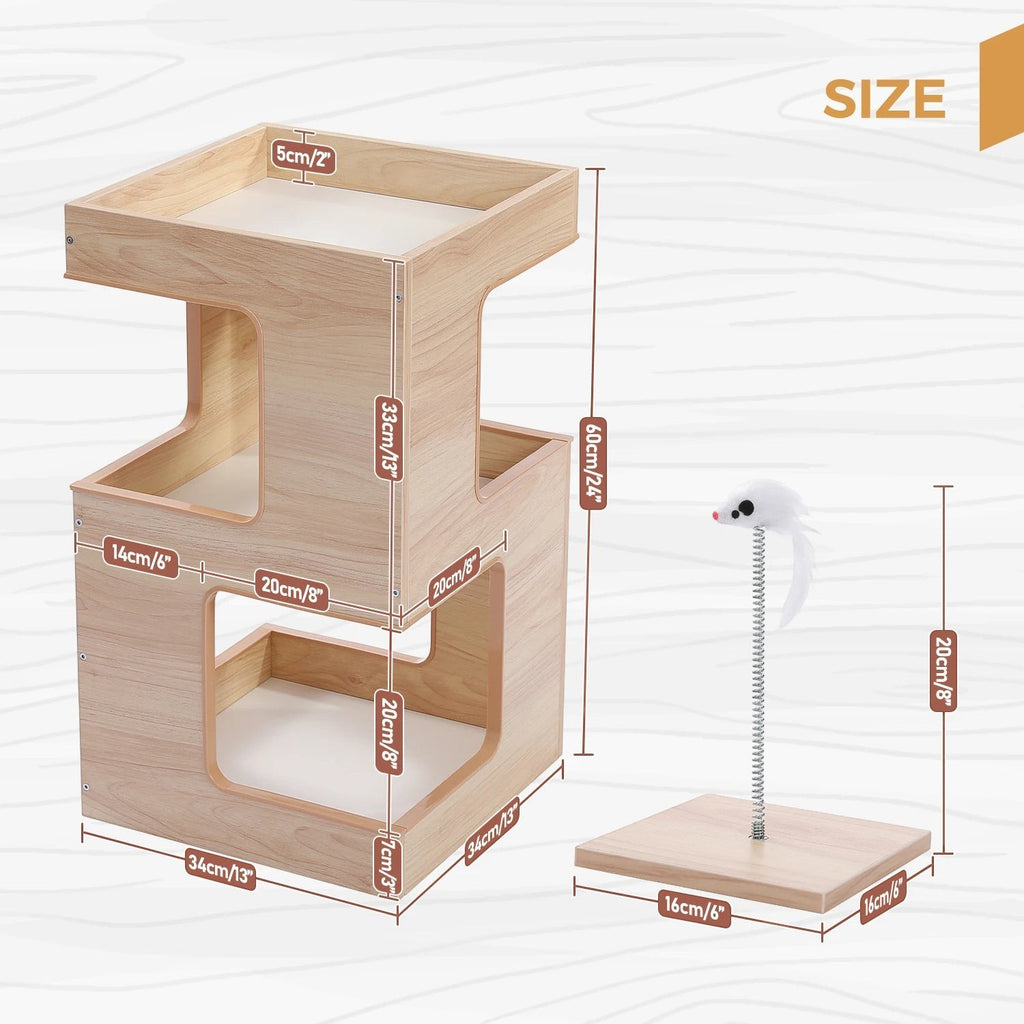 Tailwag Factory modern wood cat condo and side table with dimensions and a separate spring toy base