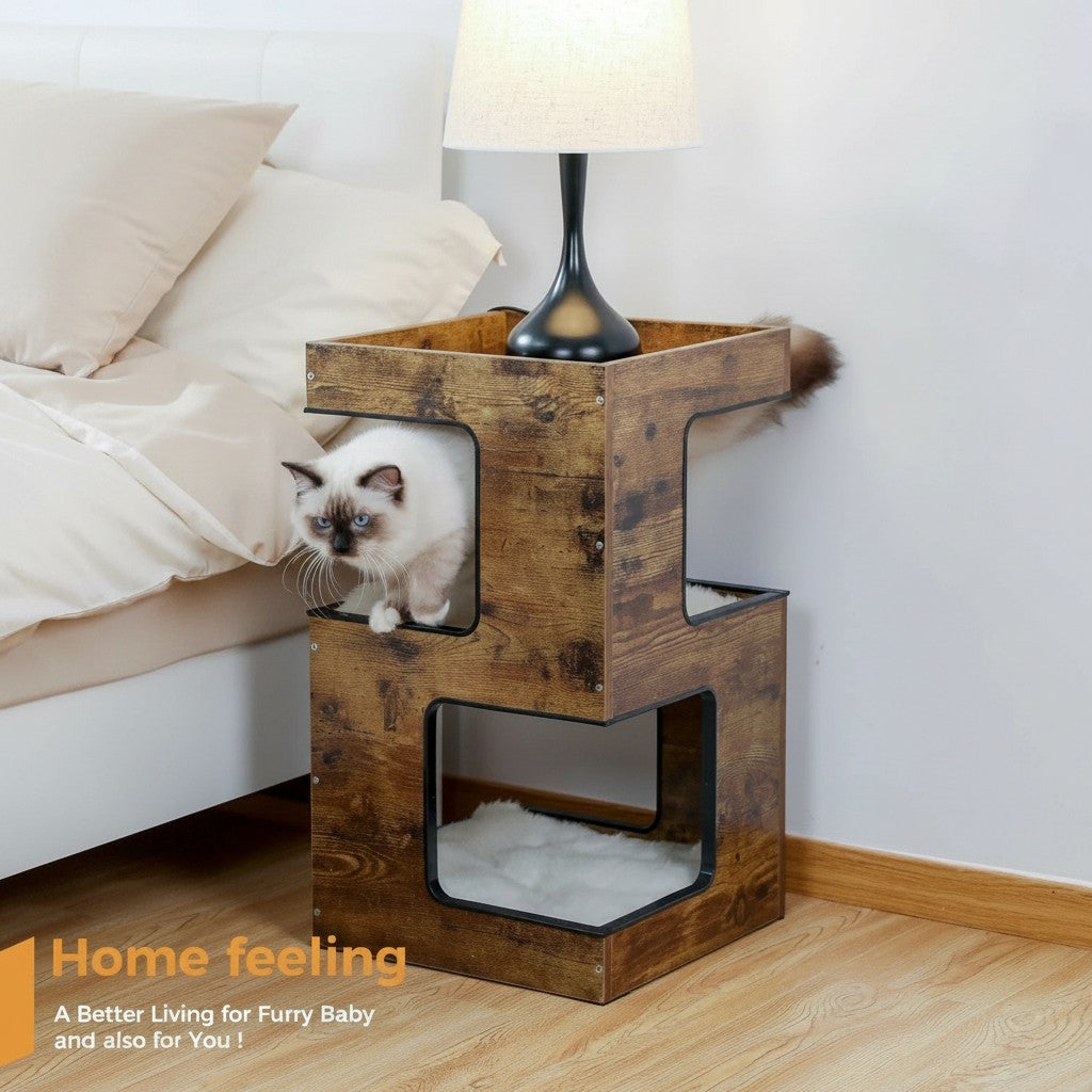 Tailwag Factory modern wood cat condo and bedside table with a plush cushion and a Ragdoll cat stepping out