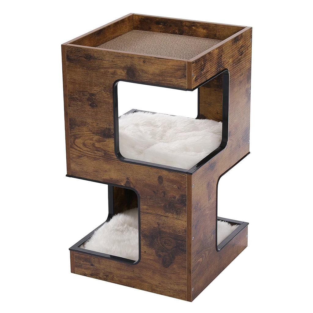 Tailwag Factory modern wood cat condo with two levels, plush white faux-fur cushions, and a top scratching pad.