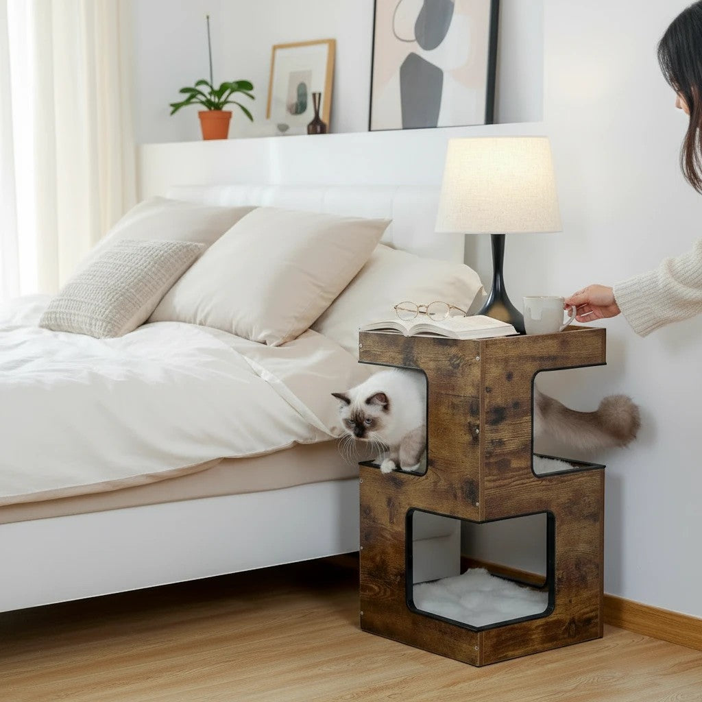 Tailwag Factory modern wood cat condo and bedside table with a plush cushion and scratching pad in a bedroom setting