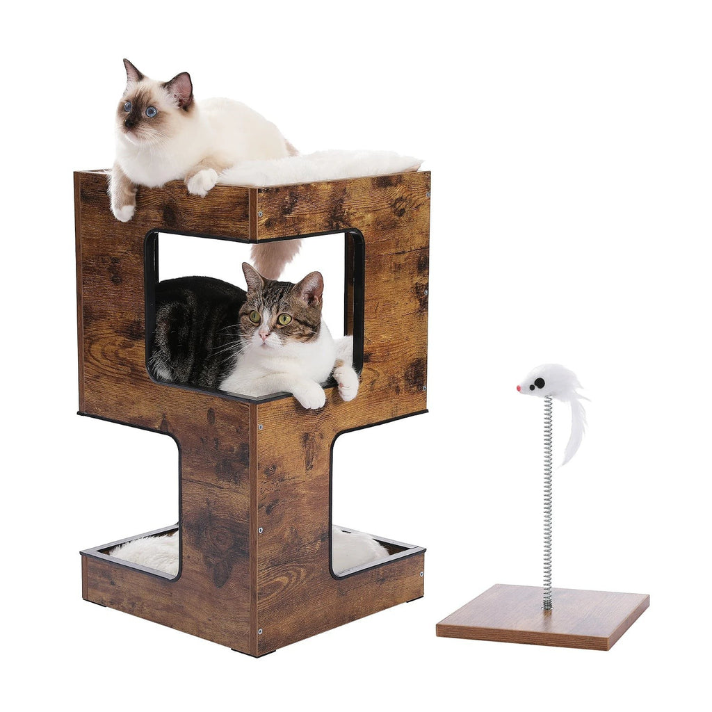 Tailwag Factory modern wood cat condo with two cats resting inside and on top, featuring a spring toy on the side.